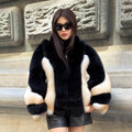 Black - Beige Fox Fur Jacket, Women’s Handmade Short Fur Coat