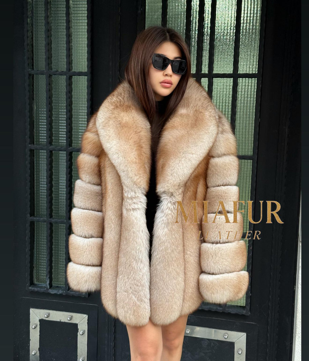 Gold Beige Fox Fur Jacket: Women’s Handmade Fur Coat