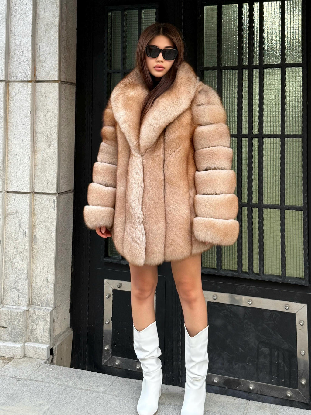 Gold Beige Fox Fur Jacket: Women’s Handmade Fur Coat