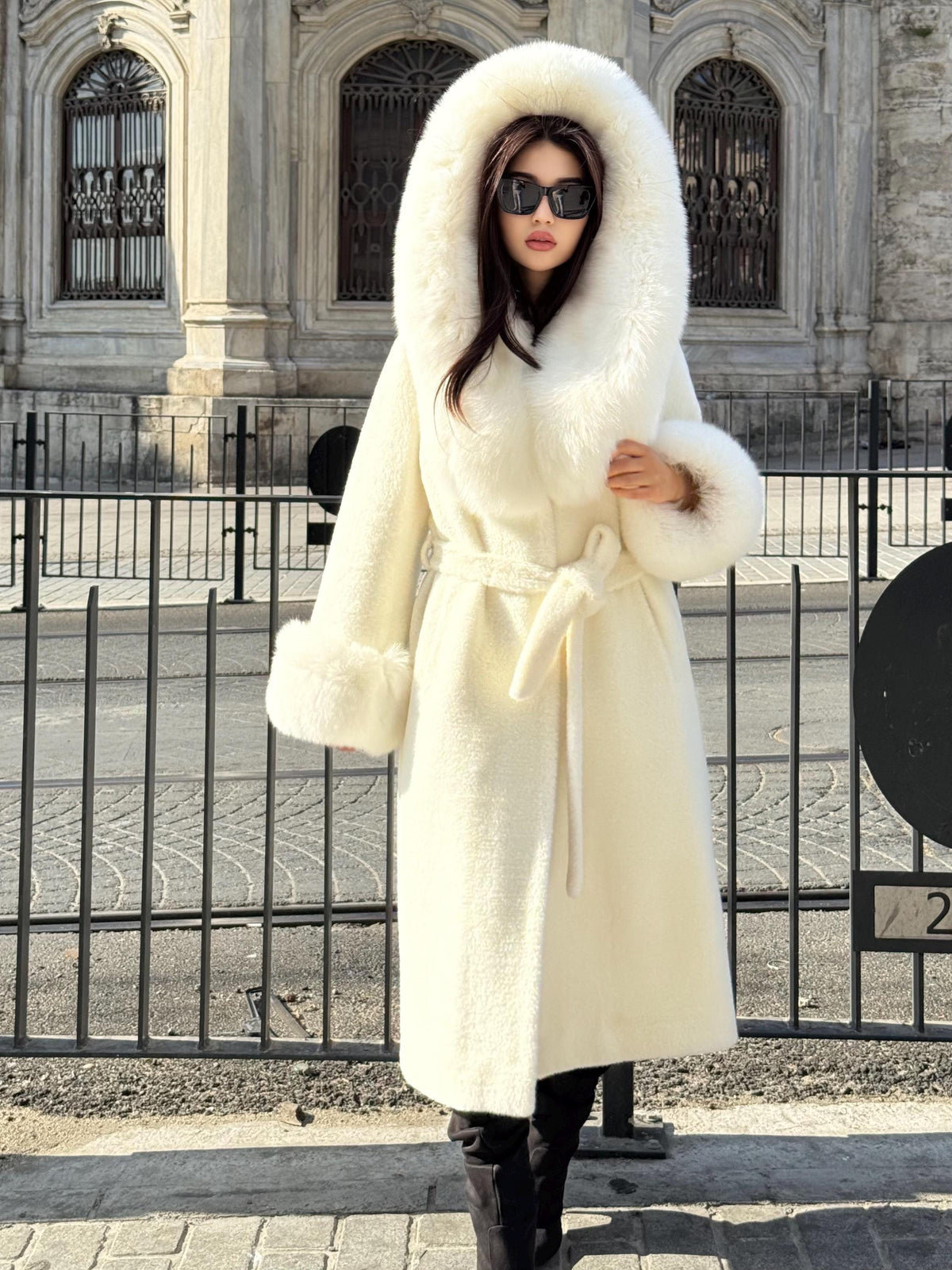 Long Ivory White Alcantara Coat. Hood & Cuffs Huge Arctic Fox Fur. Arctic White Fox Fur Jacket