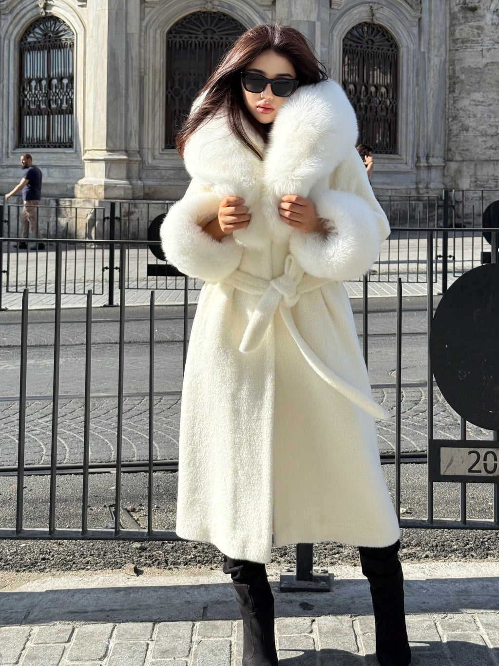 Long Ivory White Alcantara Coat. Hood & Cuffs Huge Arctic Fox Fur. Arctic White Fox Fur Jacket