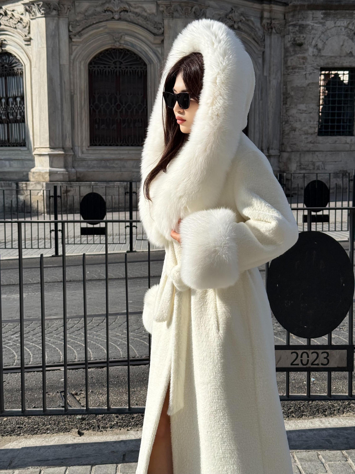 Long Ivory White Alcantara Coat. Hood & Cuffs Huge Arctic Fox Fur. Arctic White Fox Fur Jacket