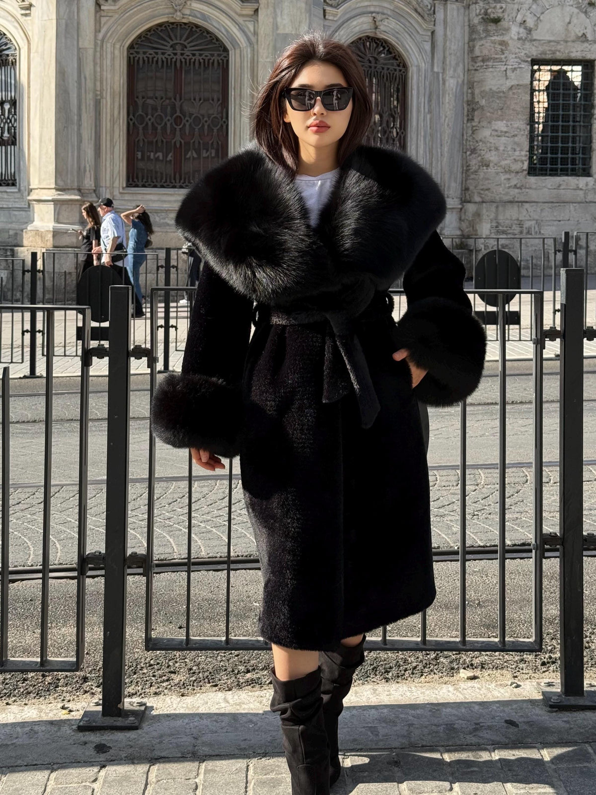 Black Long Alcantara Fabric Coat with Fox Fur Trim | Hood & Cuffs Huge Fox Fur Jacket | Black Fox Trim Coat