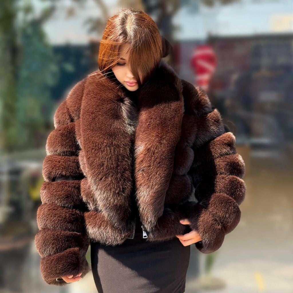 Brown Fox Fur Jacket: Short With Detachable Sleeves Fur Coat For Women