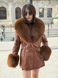 Whisky Brown Leather Coat-Collar&Cuffs Huge Fox Fur Jacket, Brown Fox Fur Jacket- Women Fox Fur Jacket— Fox Fur