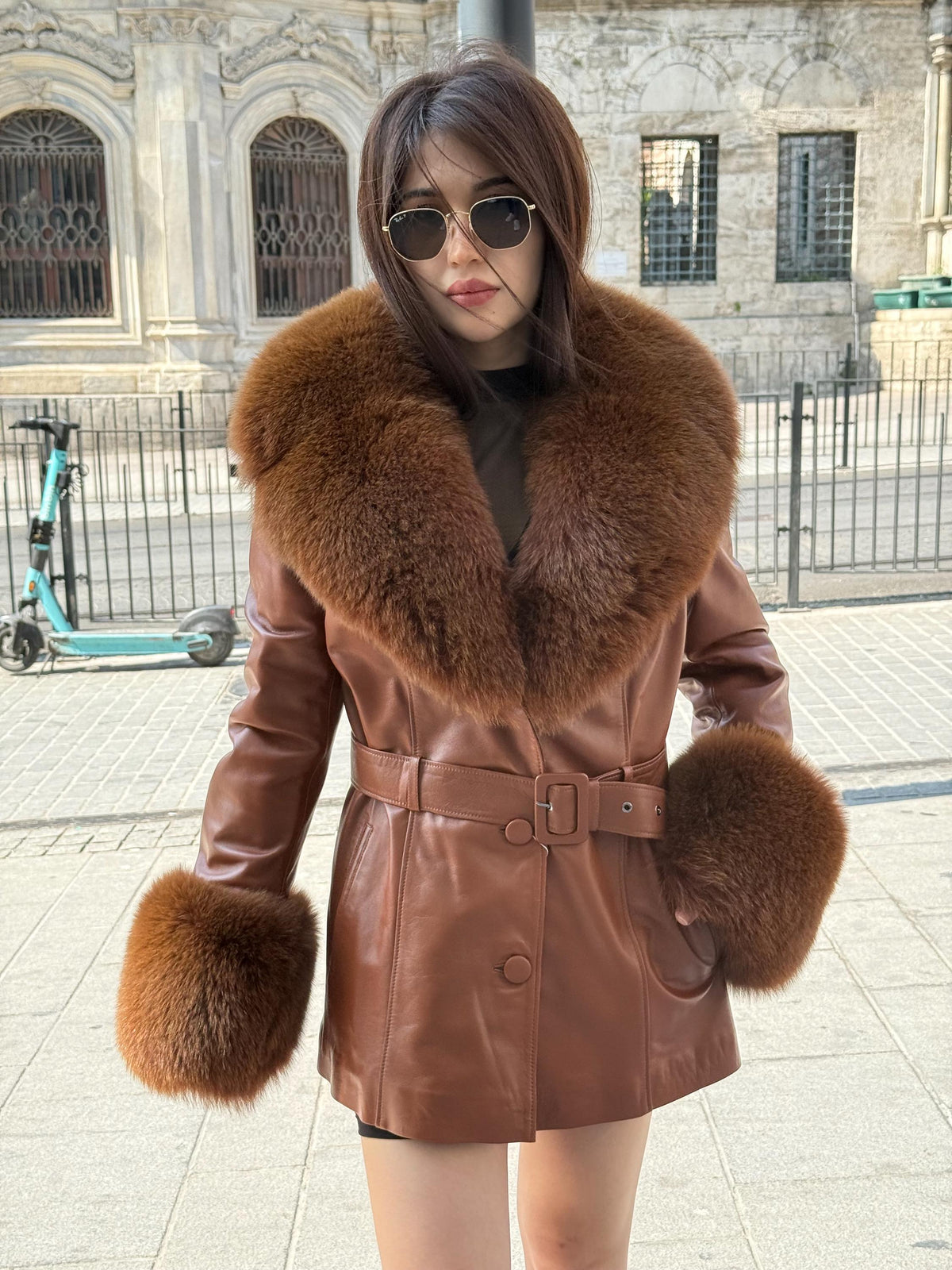 Whisky Brown Leather Coat-Collar&Cuffs Huge Fox Fur Jacket, Brown Fox Fur Jacket- Women Fox Fur Jacket— Fox Fur