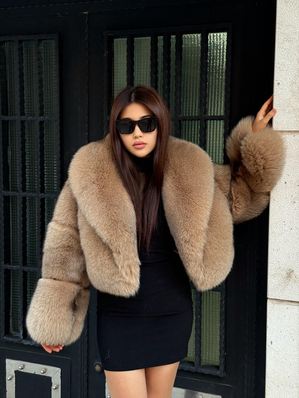 Women’s Camel Fox Fur Jacket: Handmade Luxury Short Winter Fur Jacket