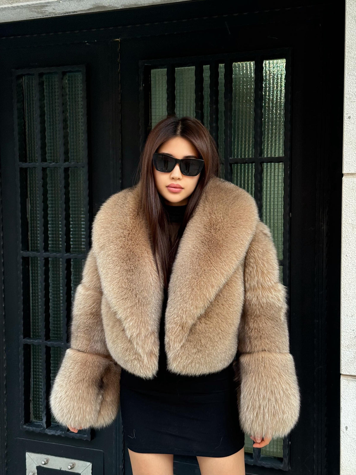 Women’s Camel Fox Fur Jacket: Handmade Luxury Short Winter Fur Jacket