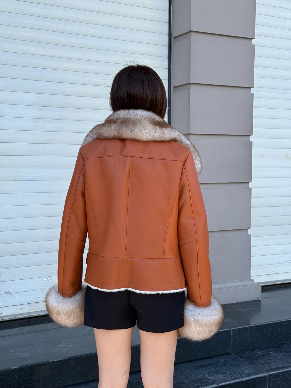 Women’s Whisky Brown Shearling Coat, Short Handmade Lambskin Front Fox Fur Jacket