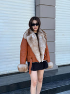 Women’s Whisky Brown Shearling Coat, Short Handmade Lambskin Front Fox Fur Jacket