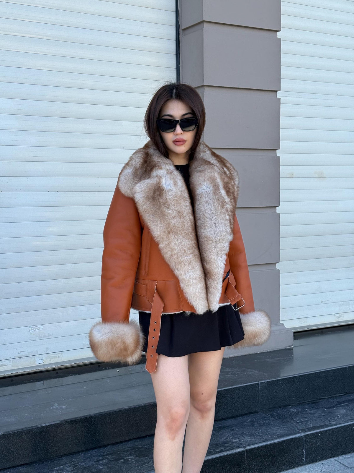 Women’s Whisky Brown Shearling Coat, Short Handmade Lambskin Front Fox Fur Jacket