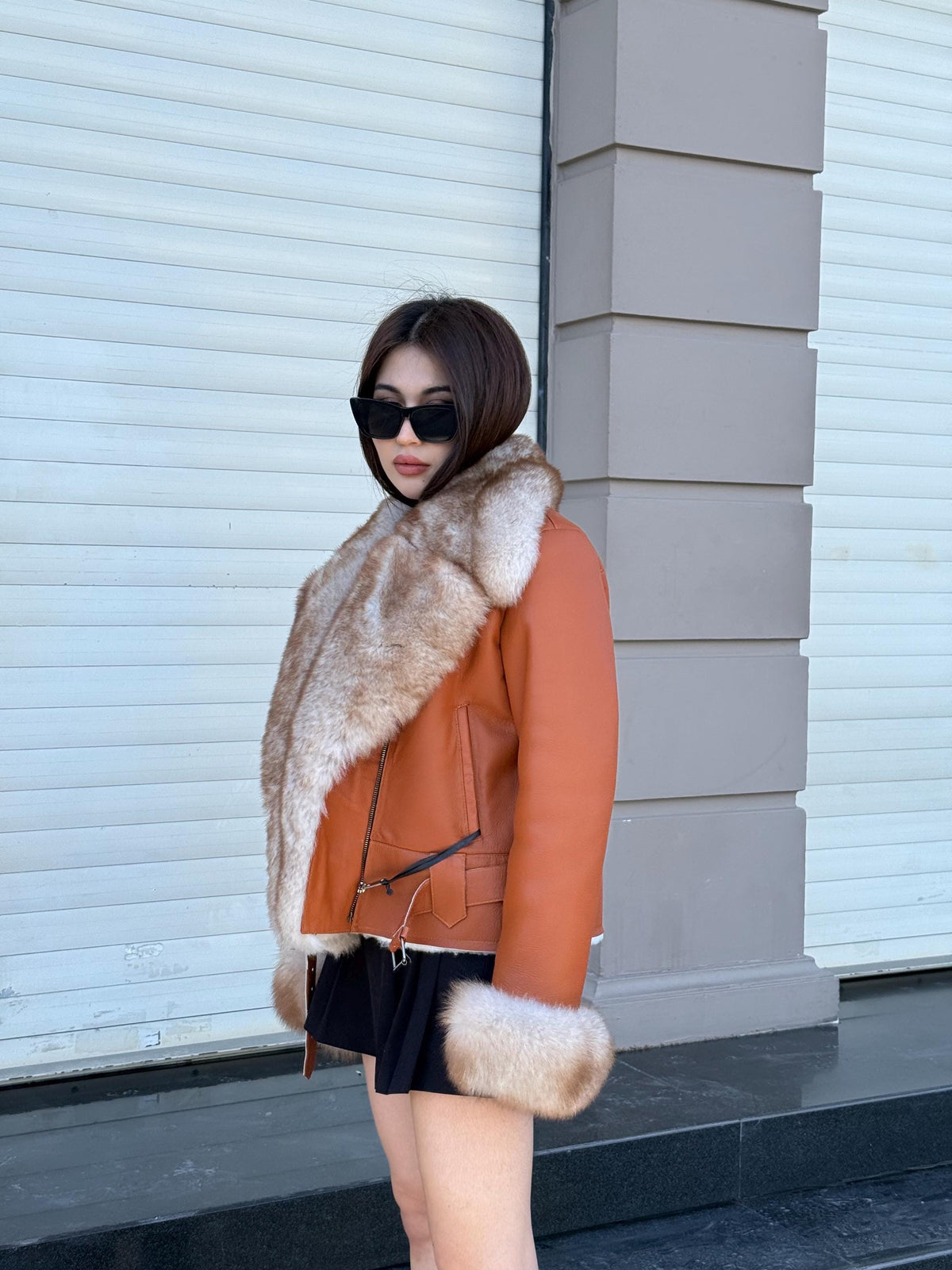 Women’s Whisky Brown Shearling Coat, Short Handmade Lambskin Front Fox Fur Jacket