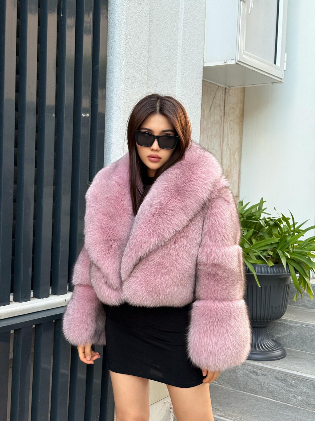 Women Pink Fox Fur Jacket, Handmade Winter Cropped Short Fur Coat