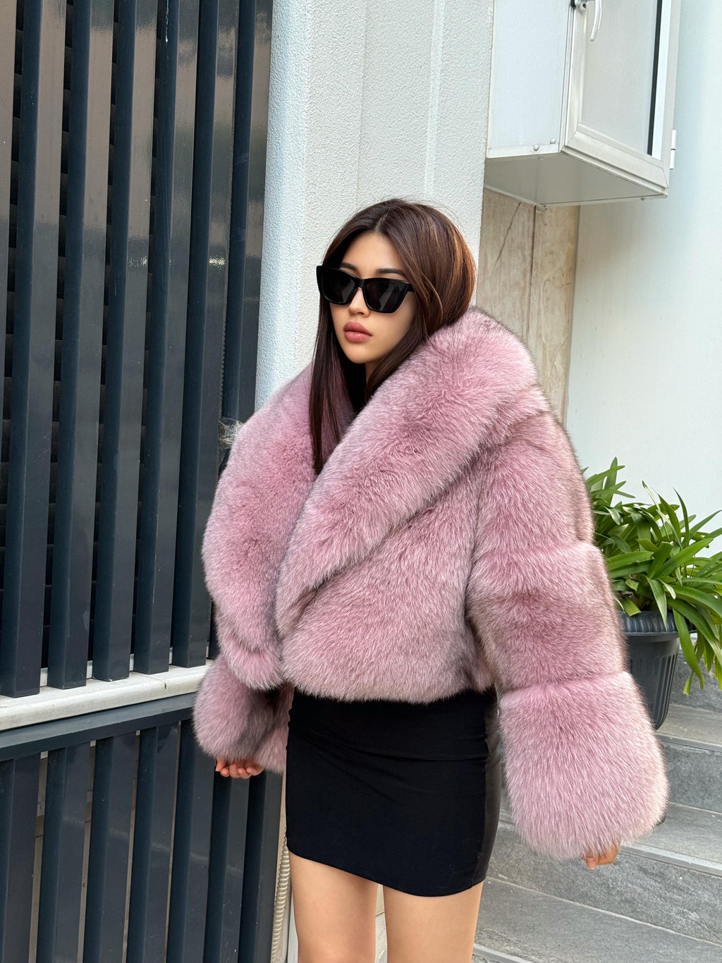 Women Pink Fox Fur Jacket, Handmade Winter Cropped Short Fur Coat
