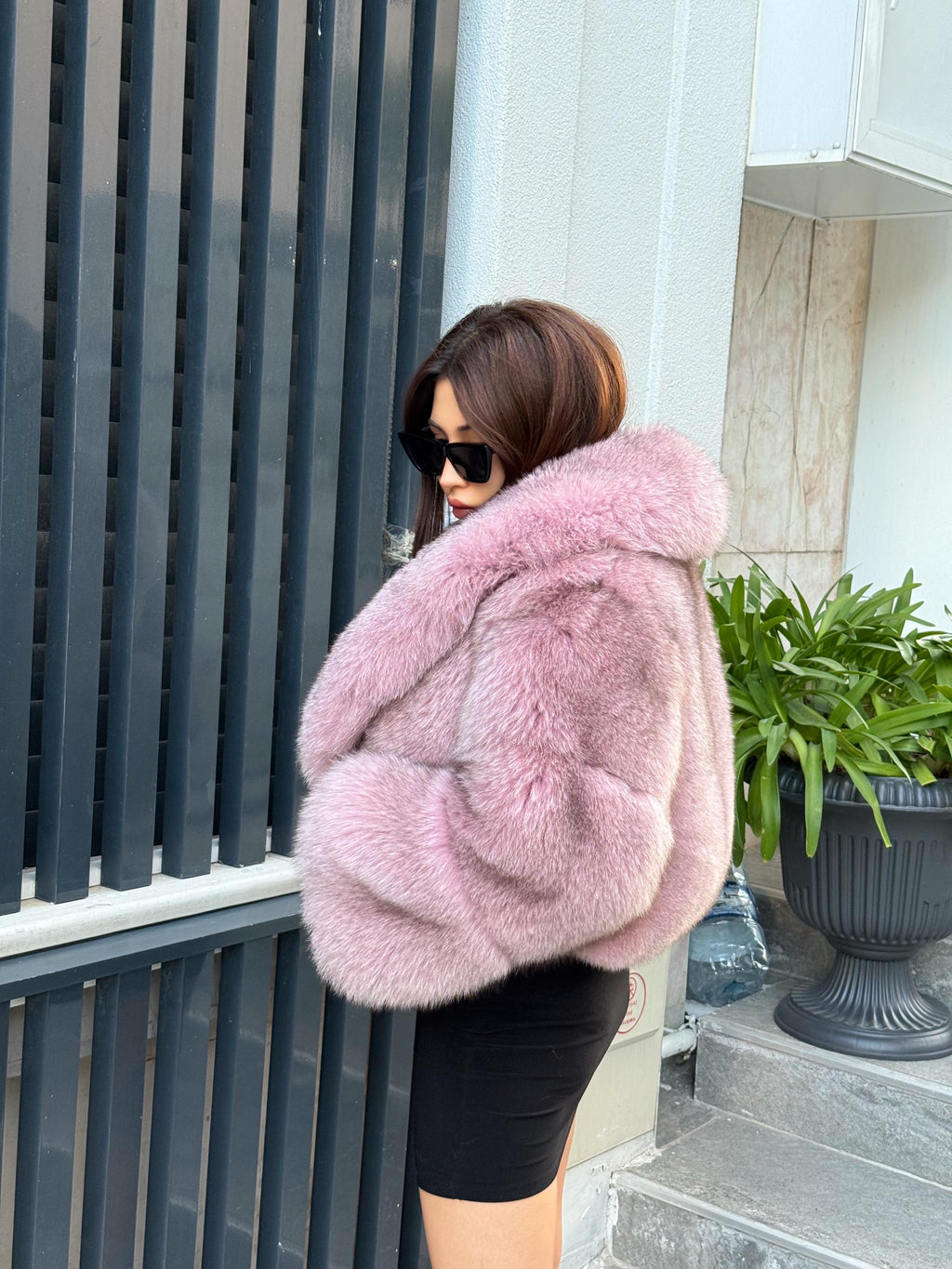 Women Pink Fox Fur Jacket, Handmade Winter Cropped Short Fur Coat