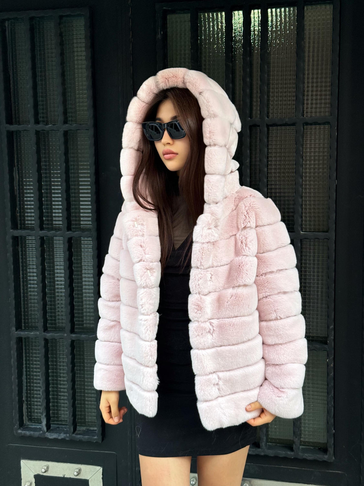 Hooded Pink Rex Rabbit Fur Coat: Short Winter Fur Jacket For Women