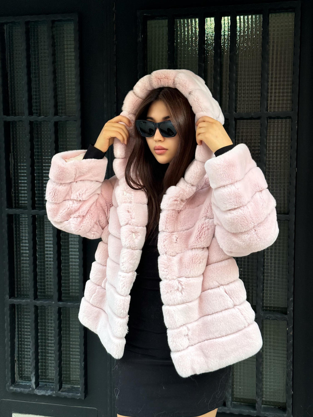 Hooded Pink Rex Rabbit Fur Coat: Short Winter Fur Jacket For Women