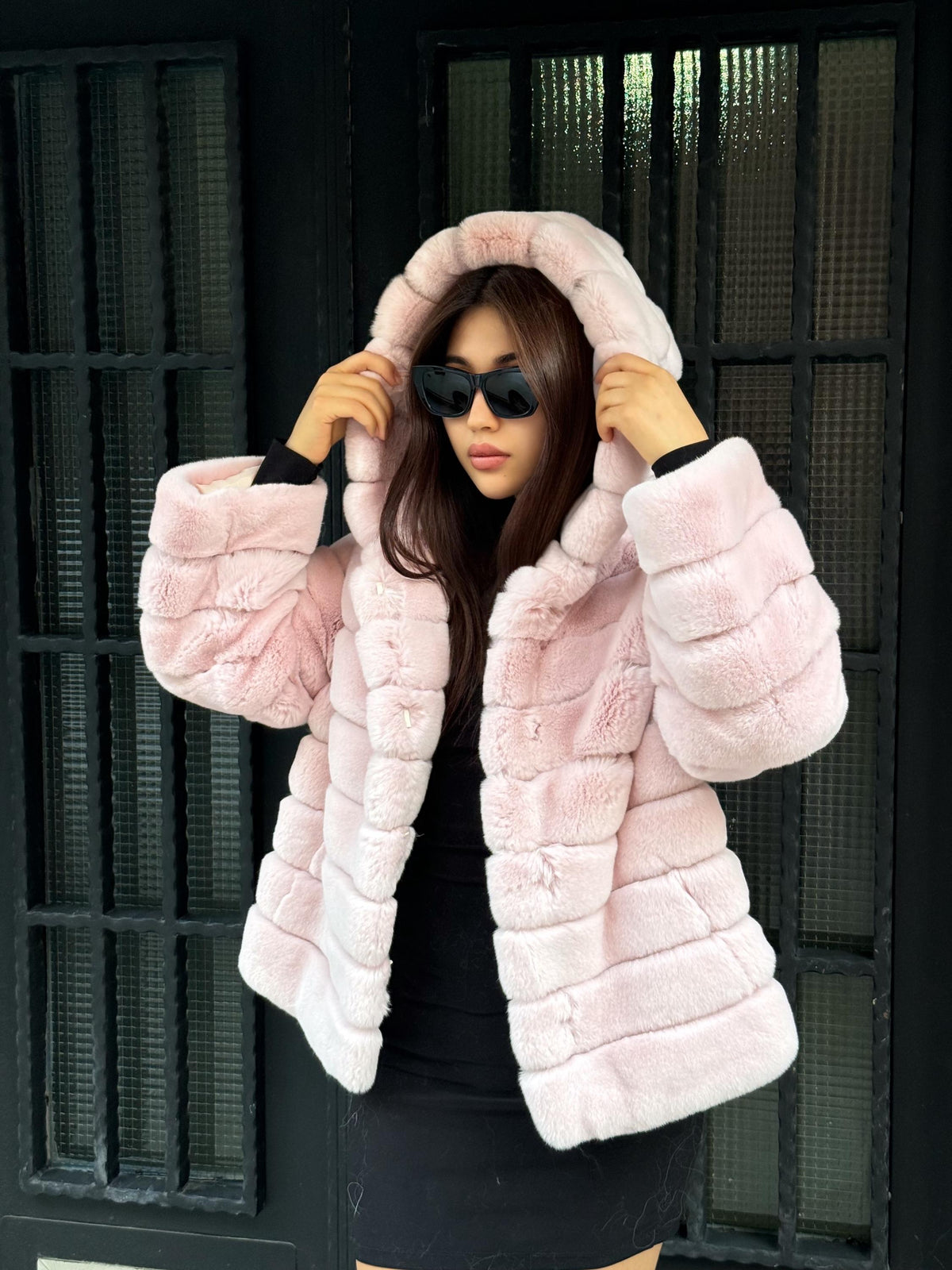 Hooded Pink Rex Rabbit Fur Coat: Short Winter Fur Jacket For Women