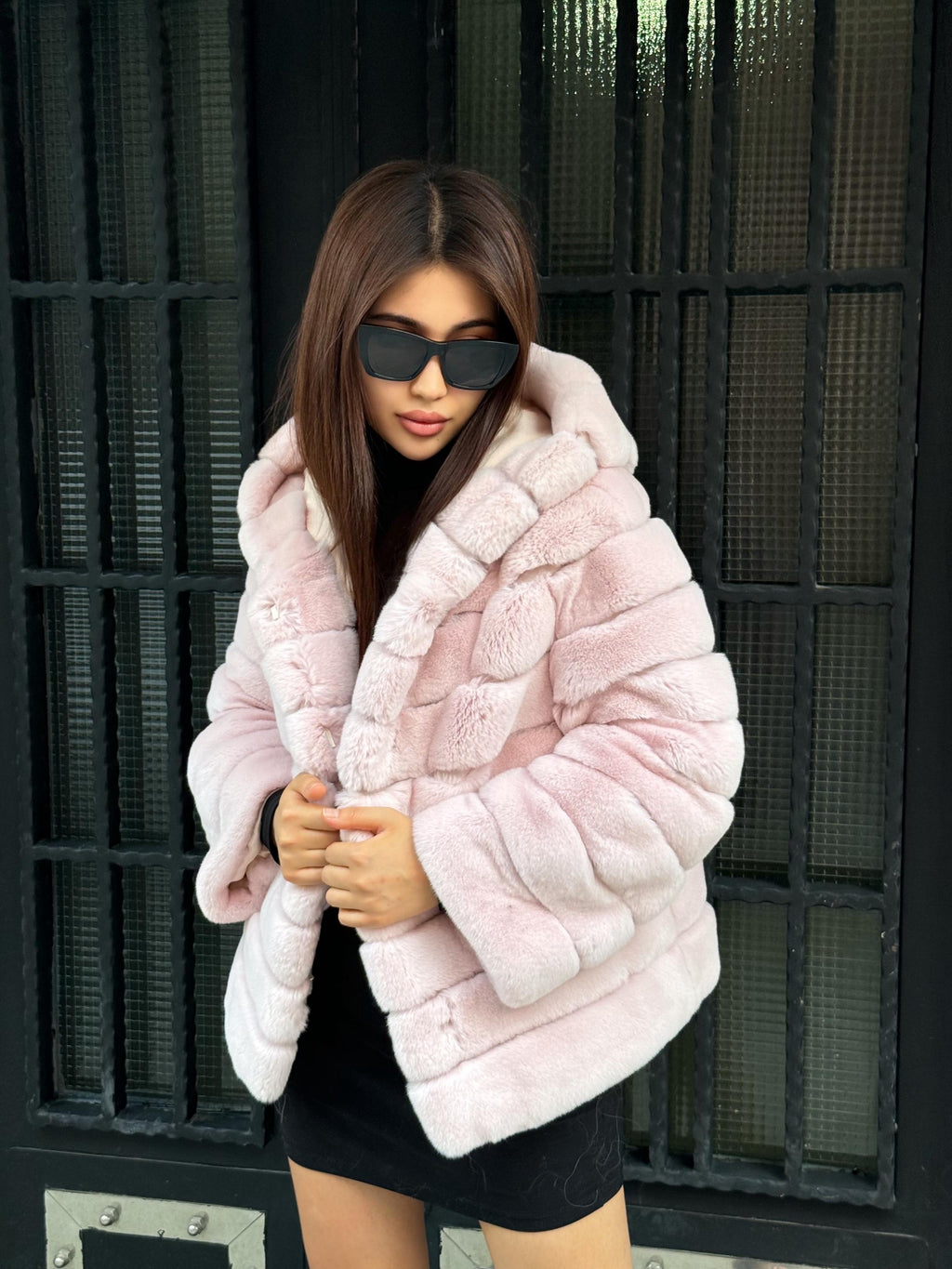Hooded Pink Rex Rabbit Fur Coat: Short Winter Fur Jacket For Women
