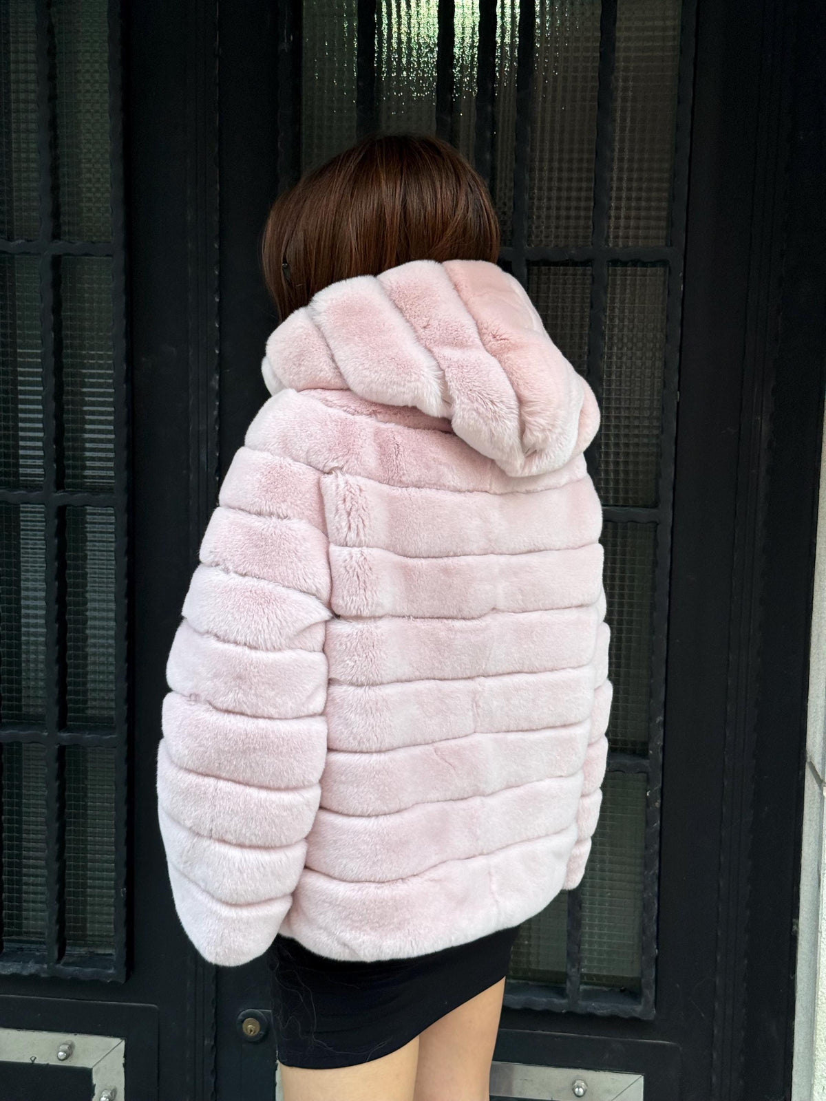 Hooded Pink Rex Rabbit Fur Coat: Short Winter Fur Jacket For Women