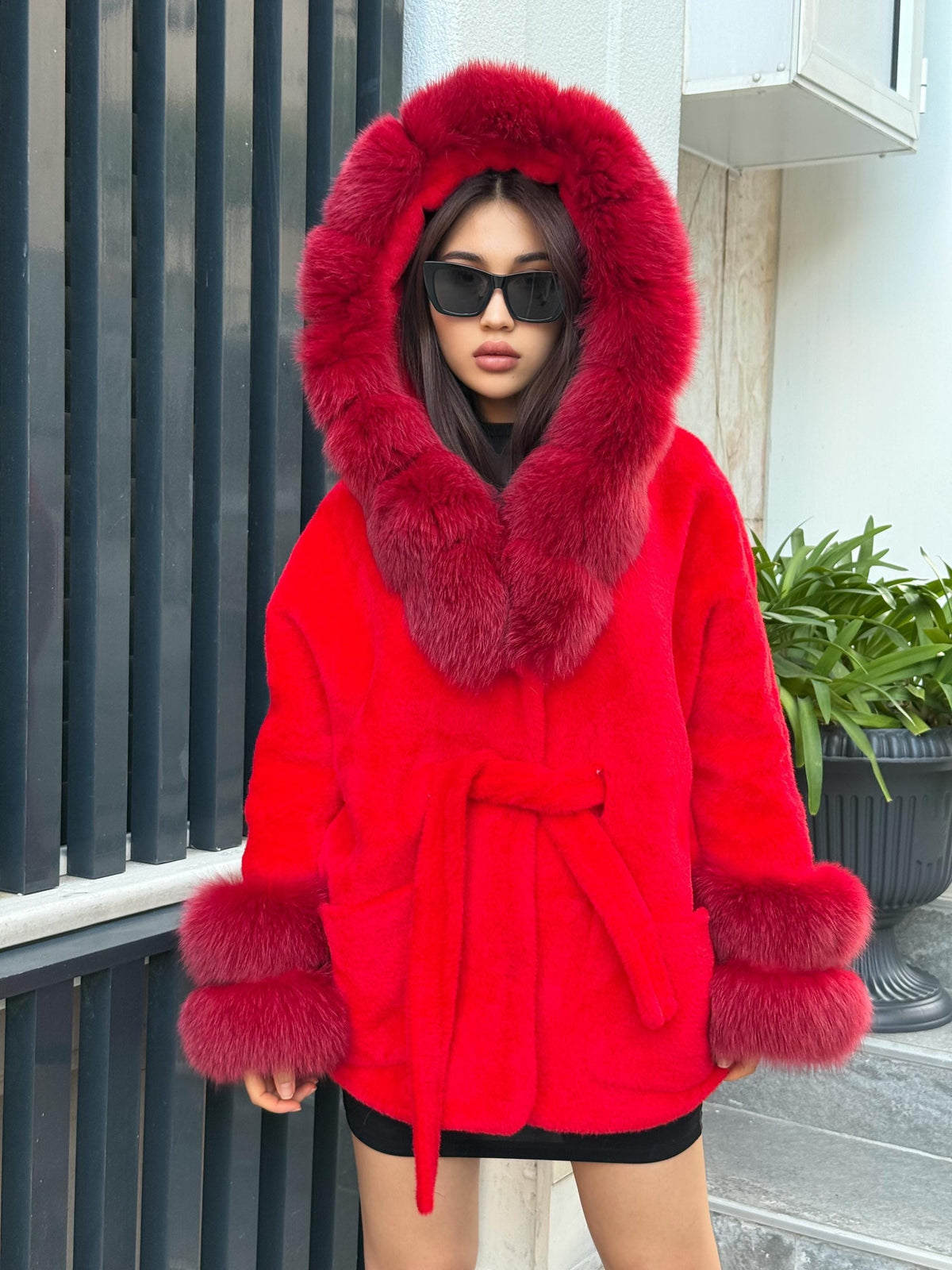 Luxury Red Alcantara Cape Coat with Fox Fur Hood & Cuffs | Women’s Winter Fox Fur Jacket
