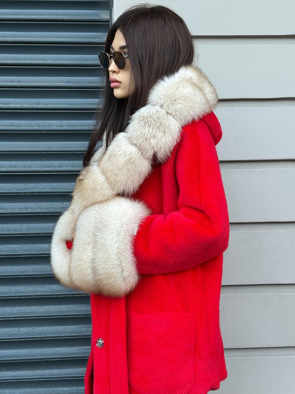 Luxury Red Alcantara Cape Coat with Fox Fur Hood & Cuffs | Women’s Winter Fox Fur Jacket