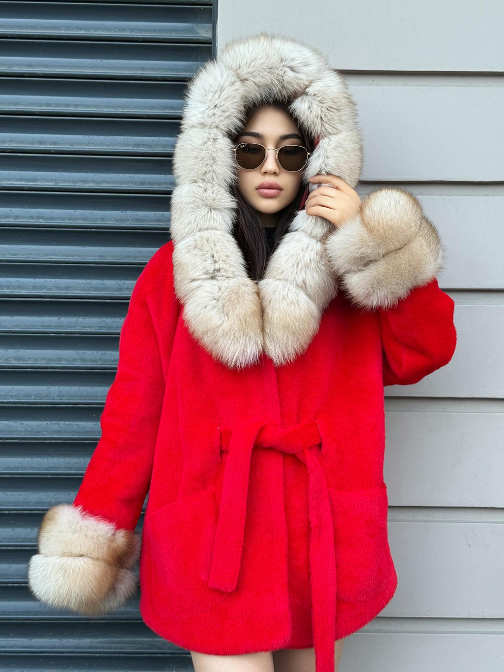 Luxury Red Alcantara Cape Coat with Fox Fur Hood & Cuffs | Women’s Winter Fox Fur Jacket