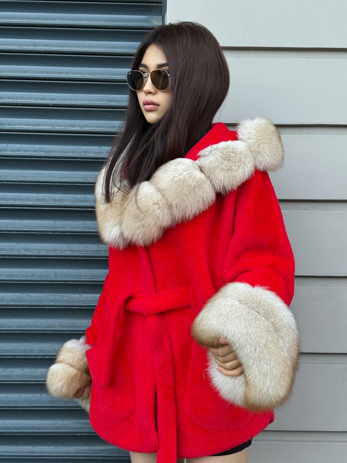 Luxury Red Alcantara Cape Coat with Fox Fur Hood & Cuffs | Women’s Winter Fox Fur Jacket