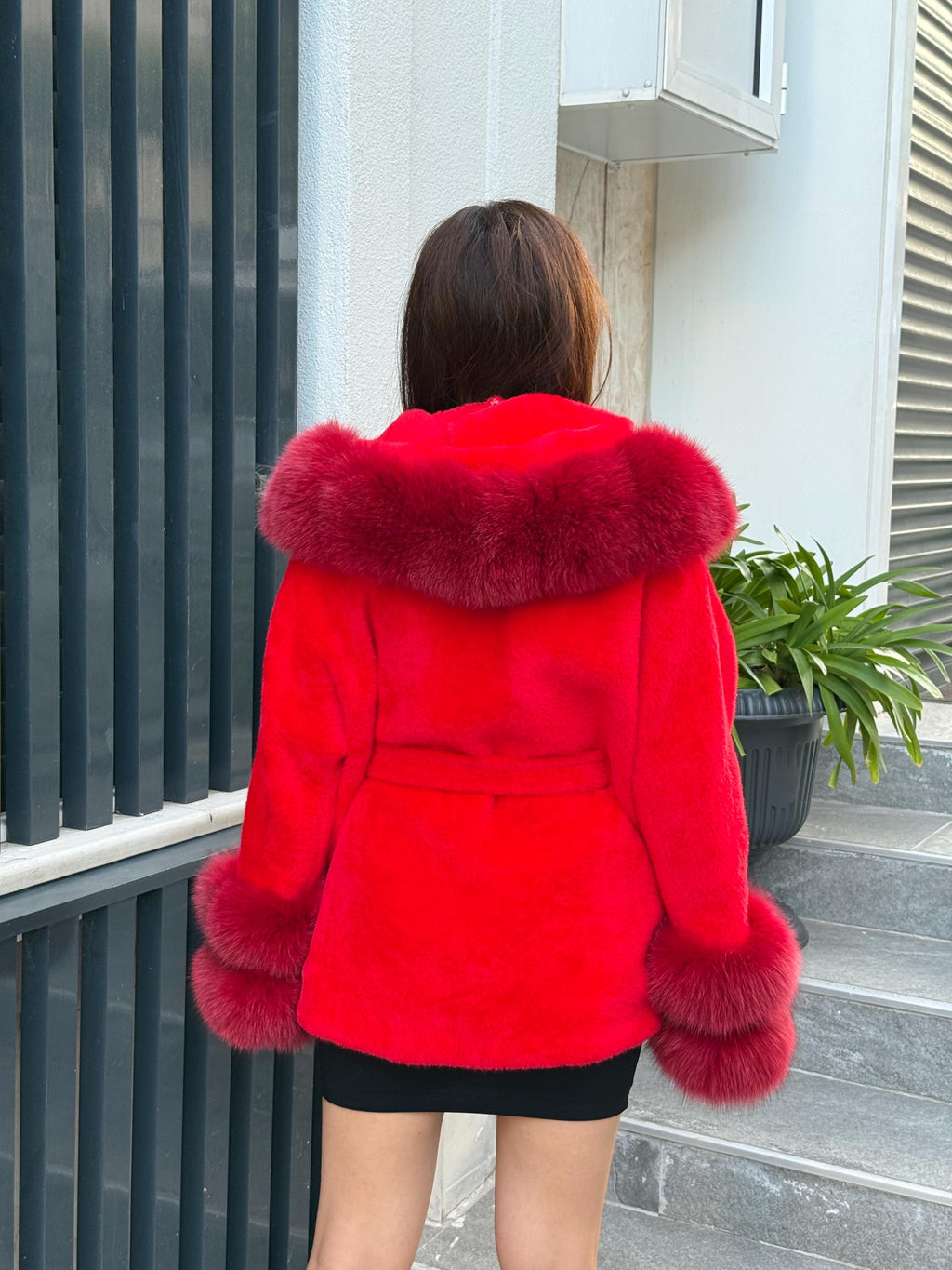 Luxury Red Alcantara Cape Coat with Fox Fur Hood & Cuffs | Women’s Winter Fox Fur Jacket