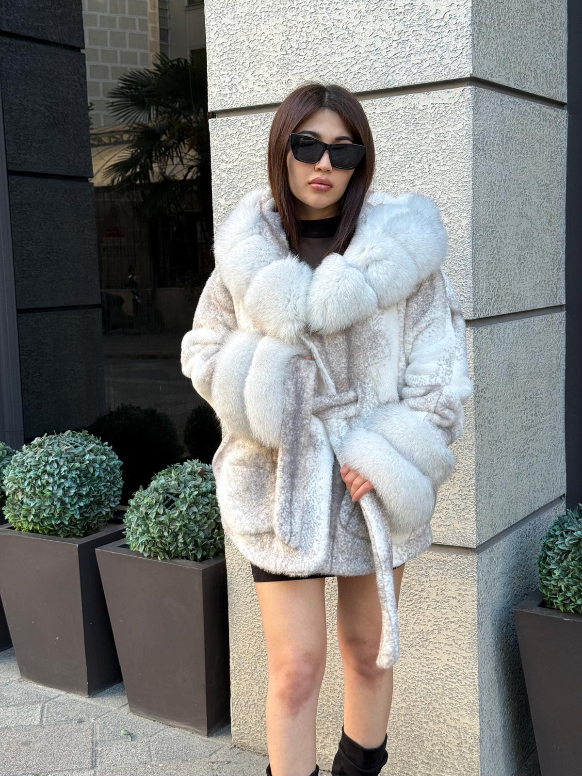 White Faux Mink Fur Cape, Hood&Cuffs Fox Fur Jacket, Women Fox Fur Jacket