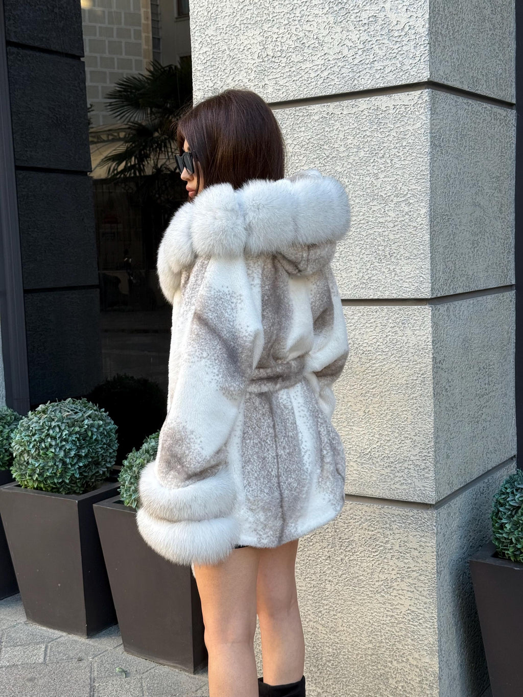 White Faux Mink Fur Cape, Hood&Cuffs Fox Fur Jacket, Women Fox Fur Jacket