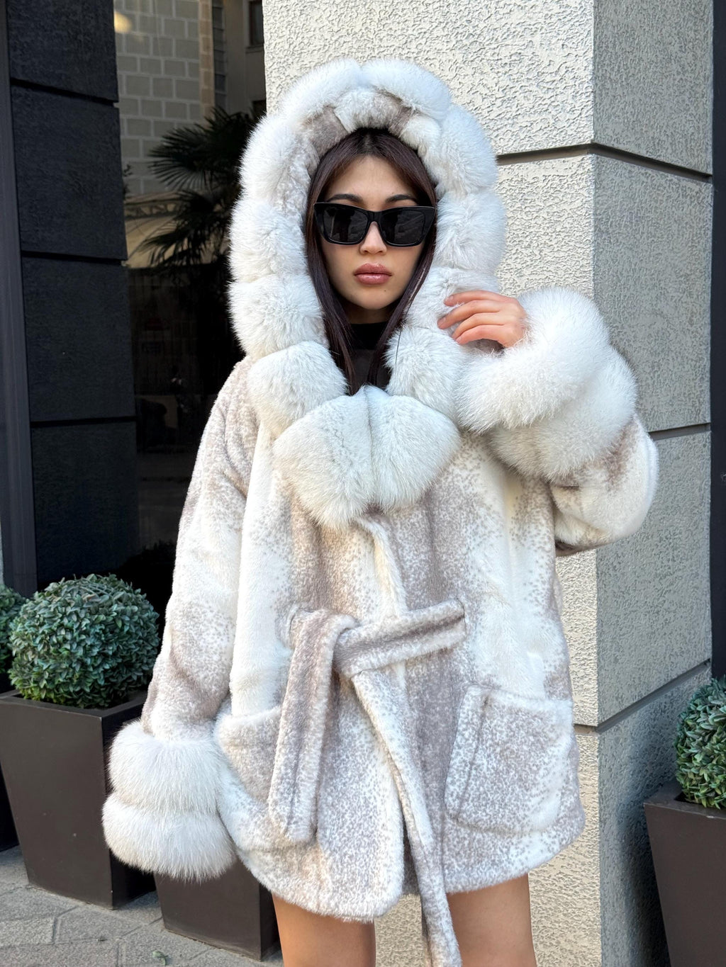 White Faux Mink Fur Cape, Hood&Cuffs Fox Fur Jacket, Women Fox Fur Jacket