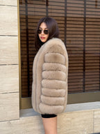 Camel Fox Fur Jacket, Short Handmade Fox Fur Coat, Women Fox Fur Jacket, Vertical Fox Fur Coat