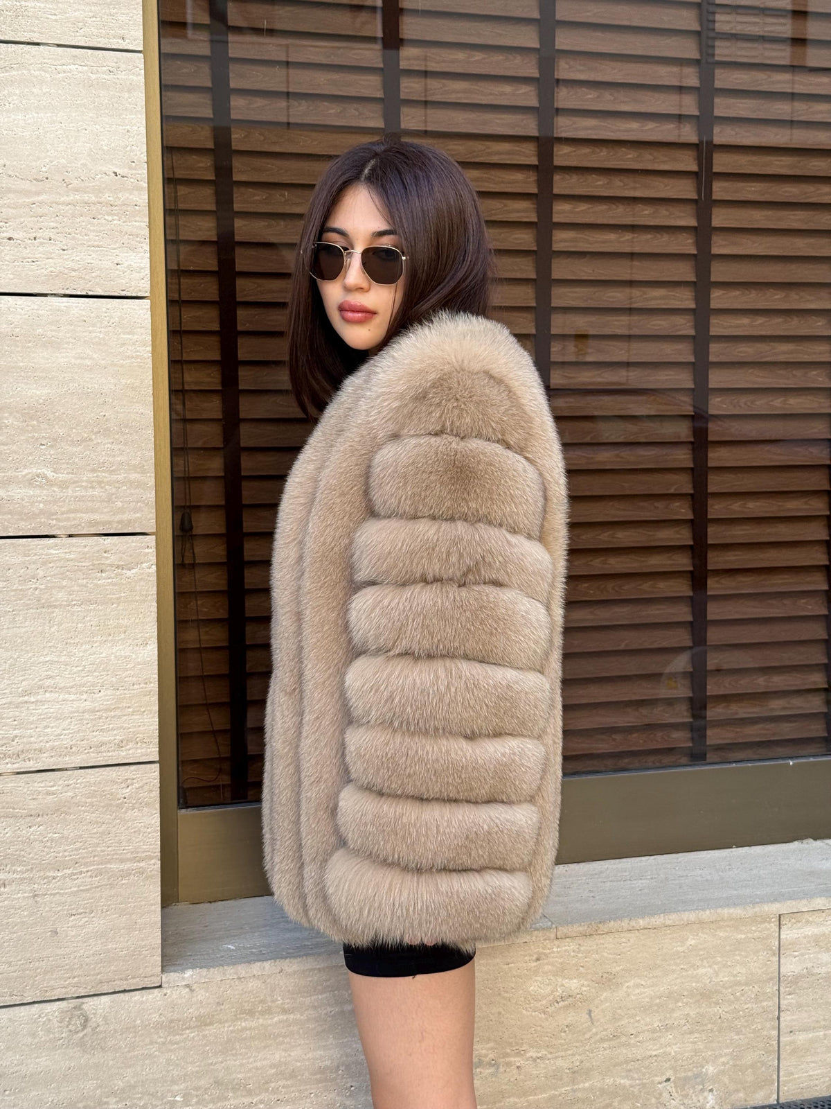 Camel Fox Fur Jacket, Short Handmade Fox Fur Coat, Women Fox Fur Jacket, Vertical Fox Fur Coat