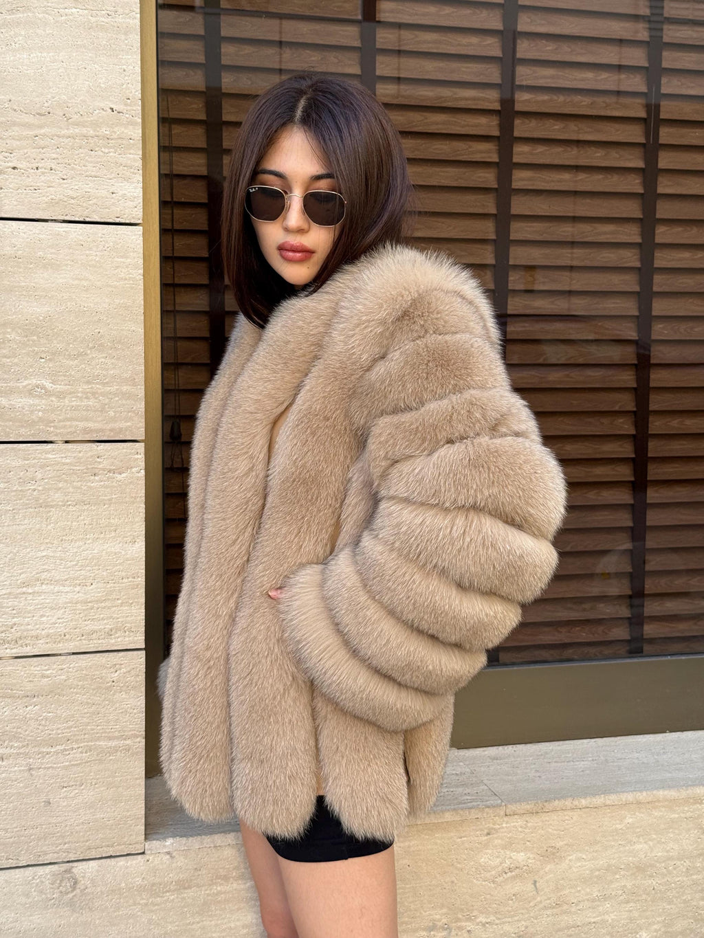 Camel Fox Fur Jacket, Short Handmade Fox Fur Coat, Women Fox Fur Jacket, Vertical Fox Fur Coat