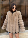 Camel Fox Fur Jacket, Short Handmade Fox Fur Coat, Women Fox Fur Jacket, Vertical Fox Fur Coat