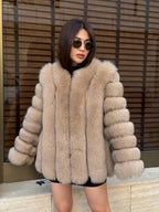Camel Fox Fur Jacket, Short Handmade Fox Fur Coat, Women Fox Fur Jacket, Vertical Fox Fur Coat