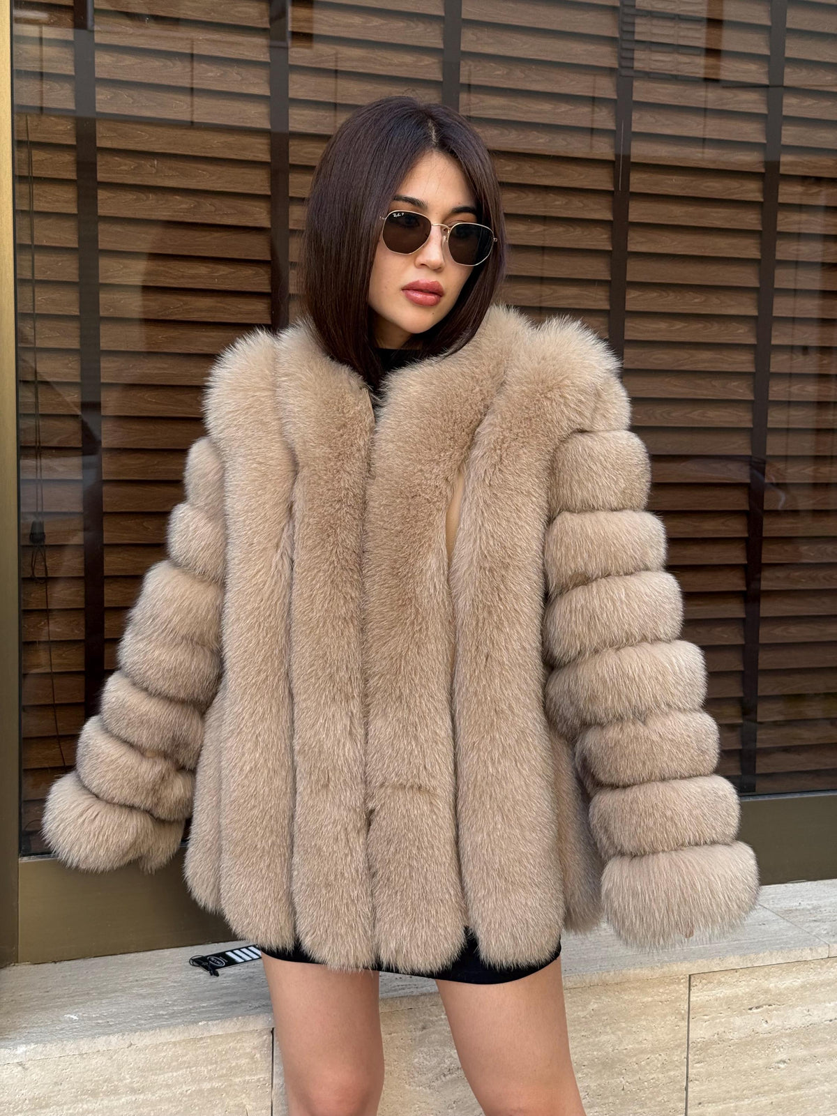 Camel Fox Fur Jacket, Short Handmade Fox Fur Coat, Women Fox Fur Jacket, Vertical Fox Fur Coat
