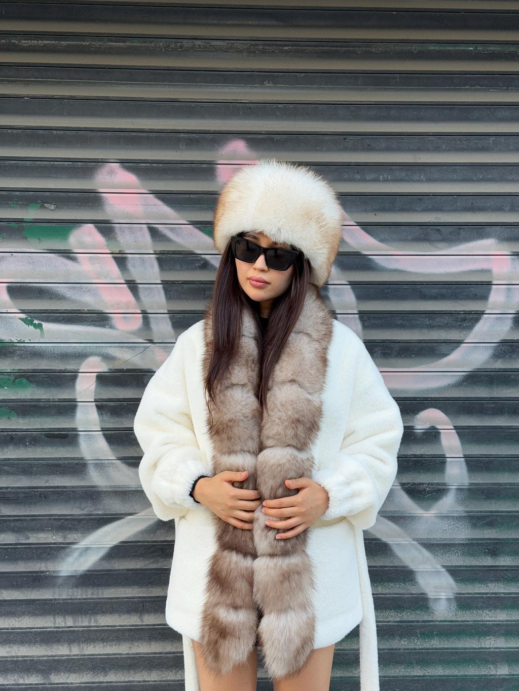 White Short Alcantara Coat, Front Fox Fur Jacket, Short Fox Fur Coat, Women Fox Fur Jacket..- Fox Fur