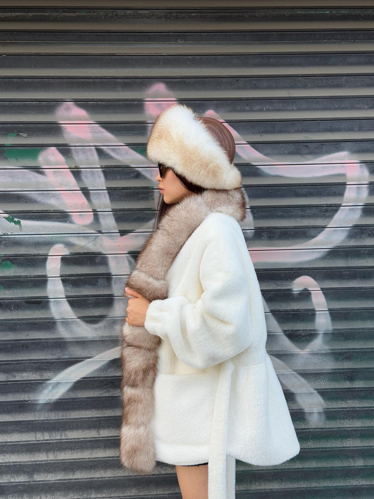 White Short Alcantara Coat, Front Fox Fur Jacket, Short Fox Fur Coat, Women Fox Fur Jacket..- Fox Fur