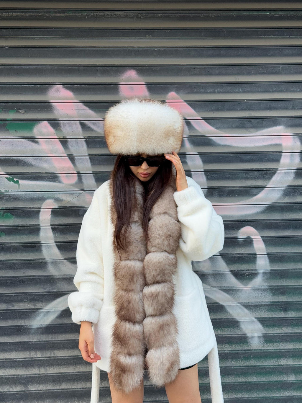 White Short Alcantara Coat, Front Fox Fur Jacket, Short Fox Fur Coat, Women Fox Fur Jacket..- Fox Fur