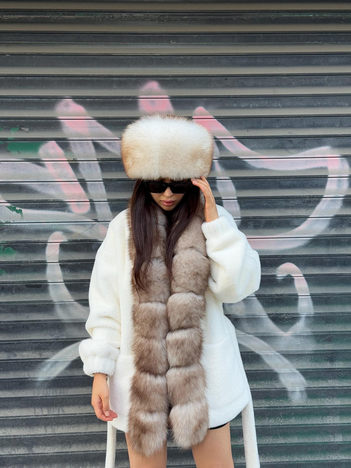 White Short Alcantara Coat, Front Fox Fur Jacket, Short Fox Fur Coat, Women Fox Fur Jacket..- Fox Fur