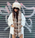 White Short Alcantara Coat, Front Fox Fur Jacket, Short Fox Fur Coat, Women Fox Fur Jacket..- Fox Fur