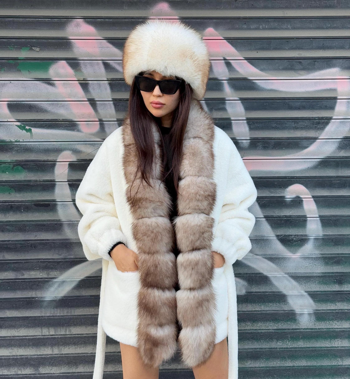 White Short Alcantara Coat, Front Fox Fur Jacket, Short Fox Fur Coat, Women Fox Fur Jacket..- Fox Fur