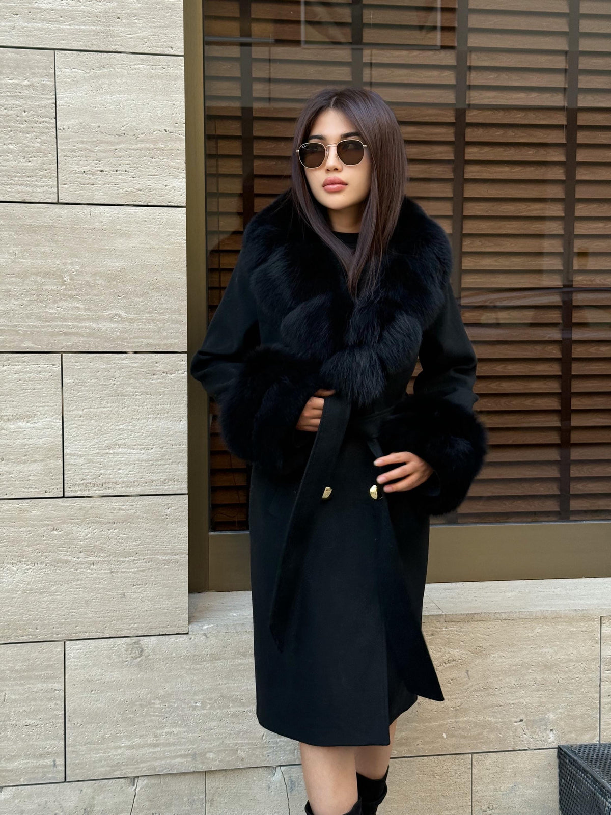 Black Cashmere Wool Coat, Collar&Cuffs Fox Fur Jacket, Black Fox Fur Coat.- Women Fox Fur Jacket.- Fox Fur Coat