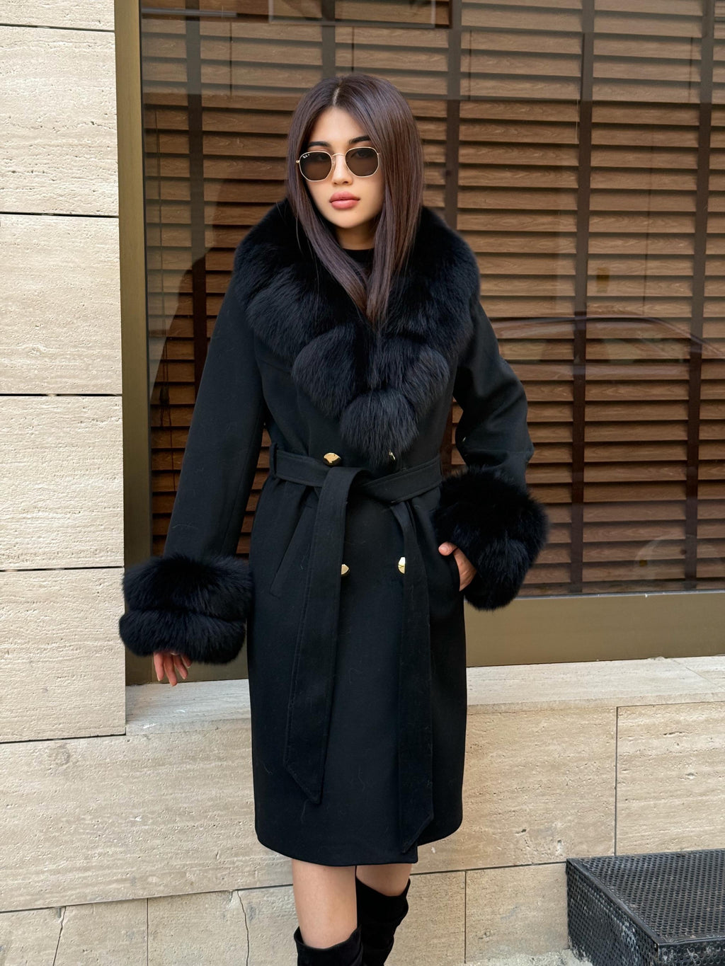 Black Cashmere Wool Coat, Collar&Cuffs Fox Fur Jacket, Black Fox Fur Coat.- Women Fox Fur Jacket.- Fox Fur Coat