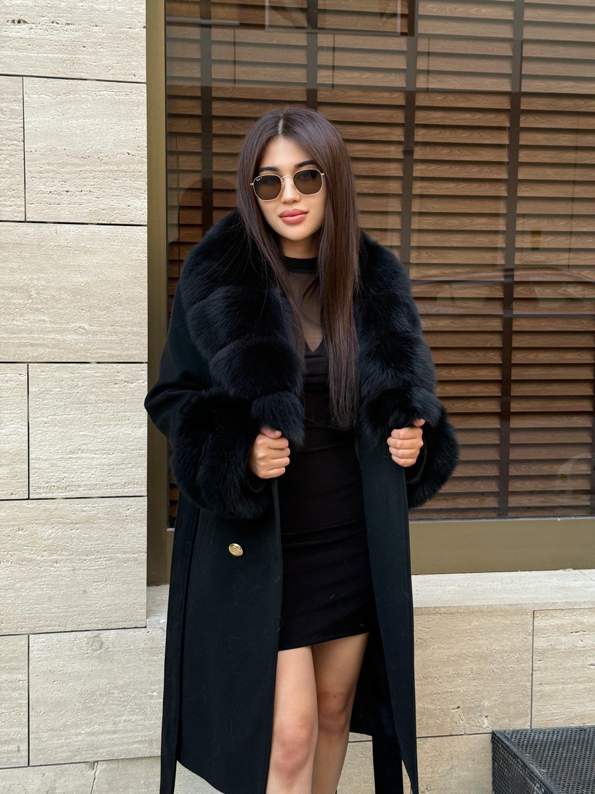 Black Cashmere Wool Coat, Collar&Cuffs Fox Fur Jacket, Black Fox Fur Coat.- Women Fox Fur Jacket.- Fox Fur Coat