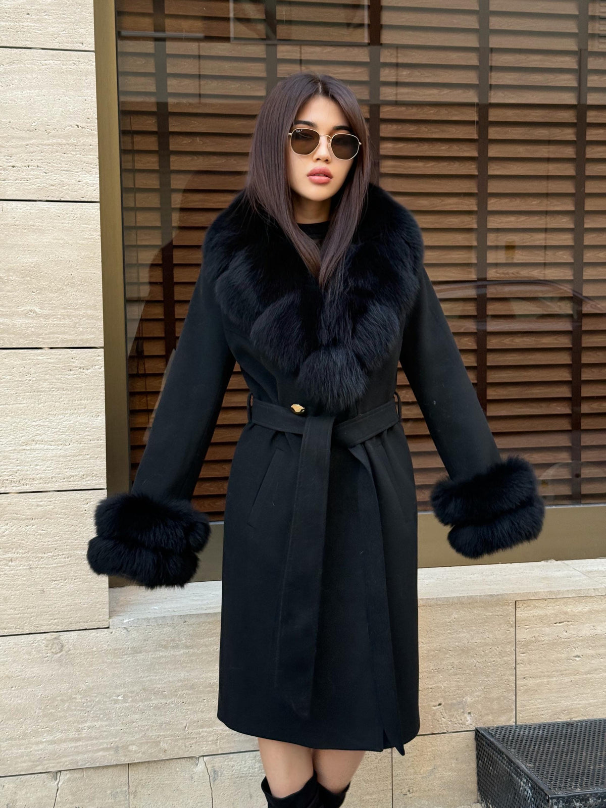 Black Cashmere Wool Coat, Collar&Cuffs Fox Fur Jacket, Black Fox Fur Coat.- Women Fox Fur Jacket.- Fox Fur Coat