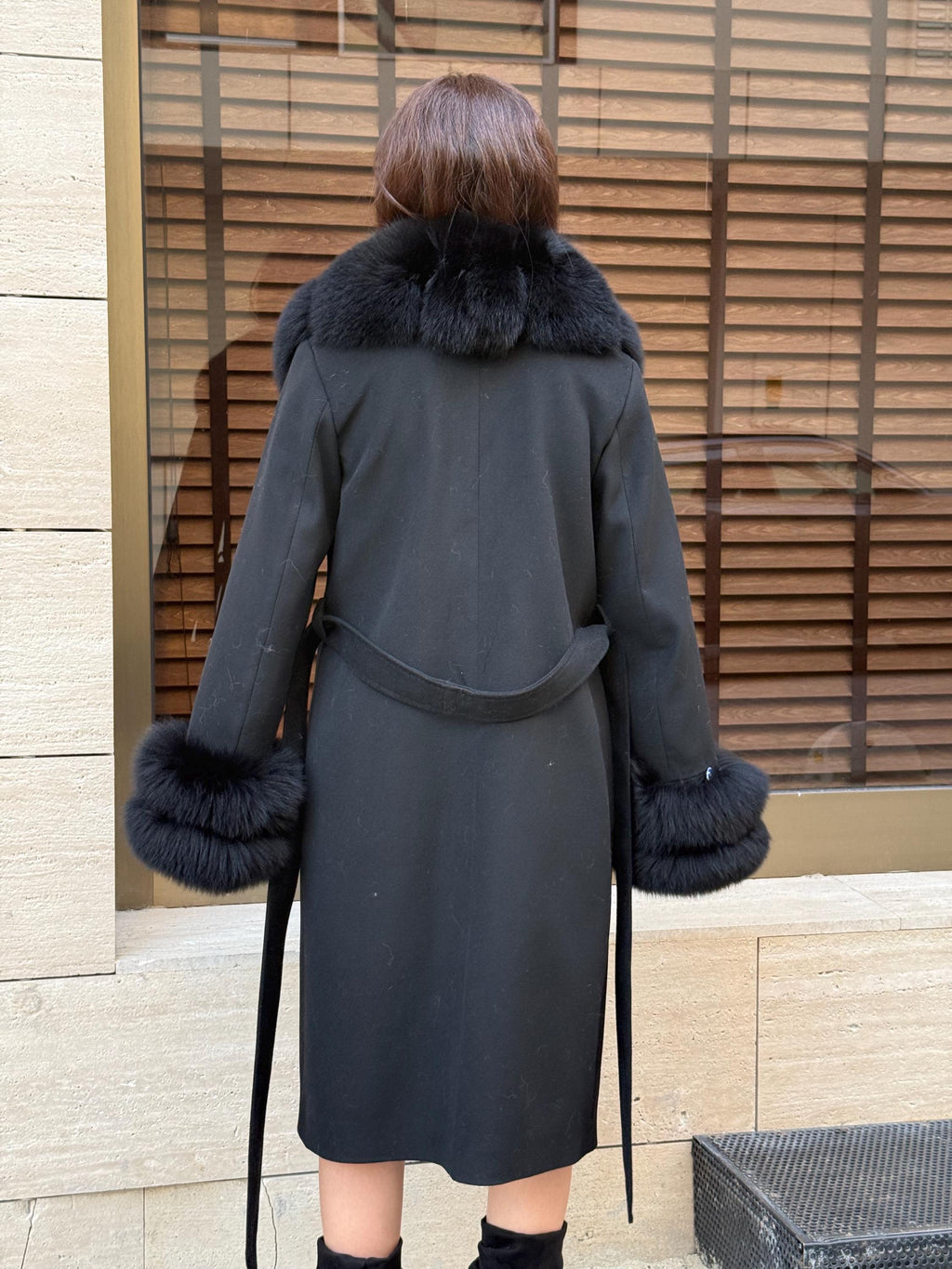 Black Cashmere Wool Coat, Collar&Cuffs Fox Fur Jacket, Black Fox Fur Coat.- Women Fox Fur Jacket.- Fox Fur Coat