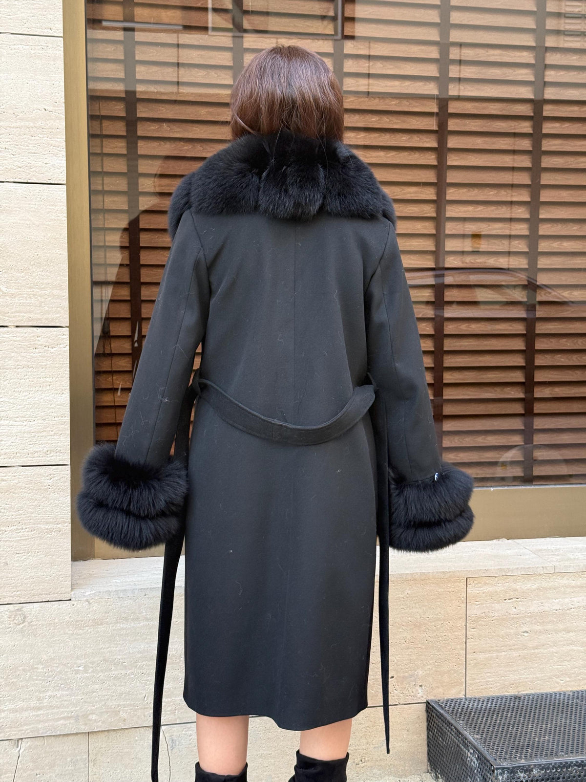 Black Cashmere Wool Coat, Collar&Cuffs Fox Fur Jacket, Black Fox Fur Coat.- Women Fox Fur Jacket.- Fox Fur Coat